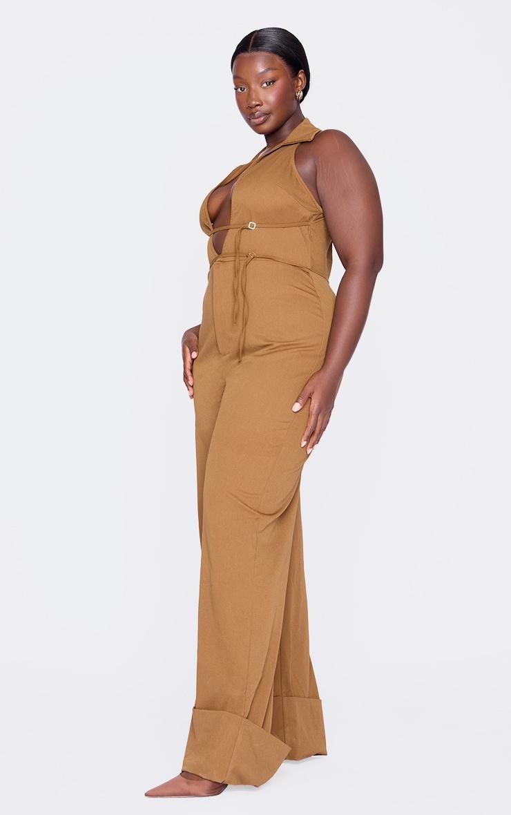 Plus Tan Mini Belt Detail Plunge Straight Leg Jumpsuit Product Image