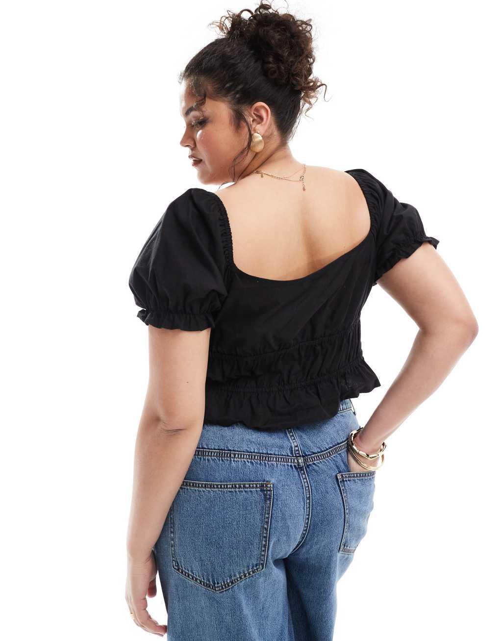 ASOS DESIGN Curve tie front milkmaid top with puff sleeves in black Product Image