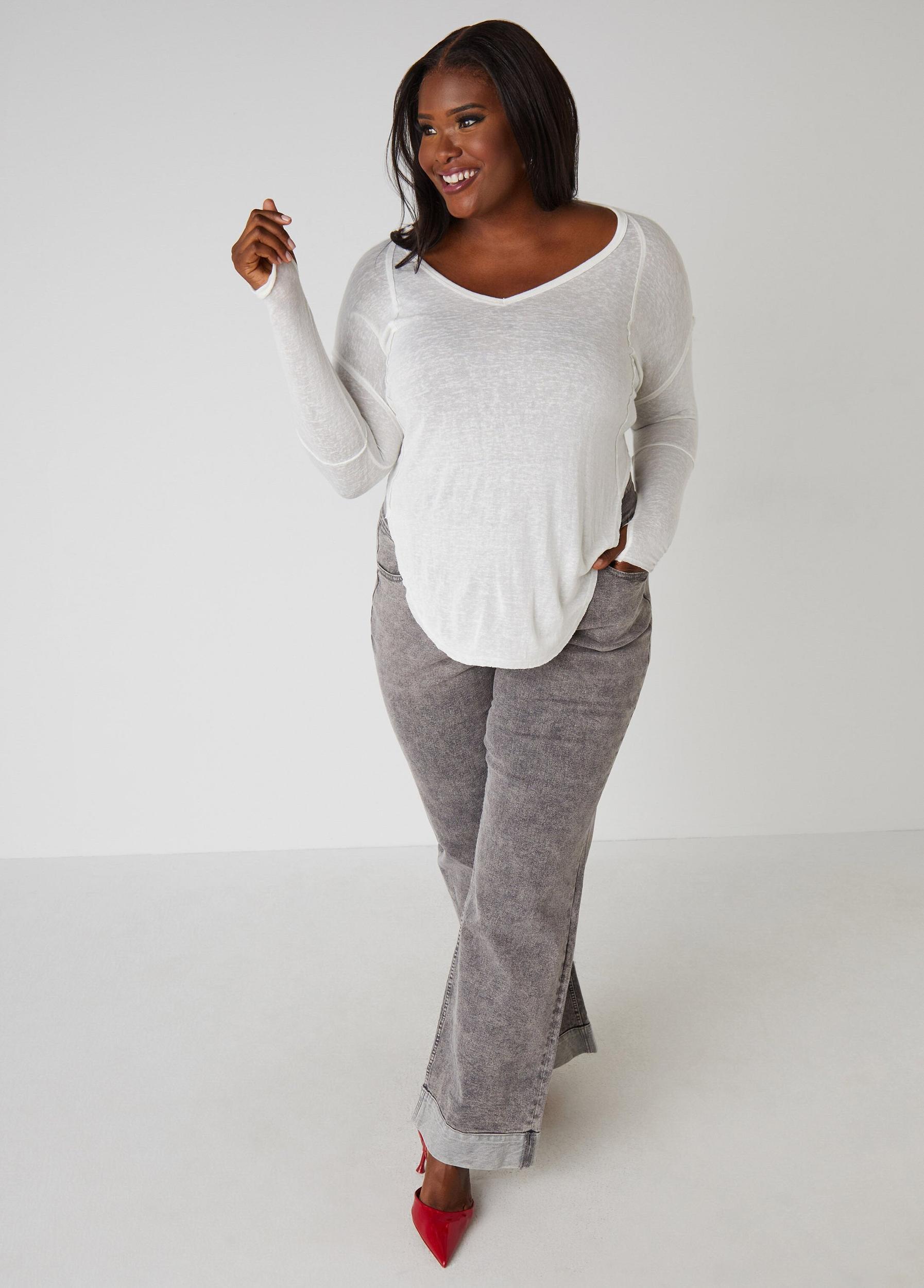 Plus Size Slub Knit V Neck Top Ashley Stewart Product Image