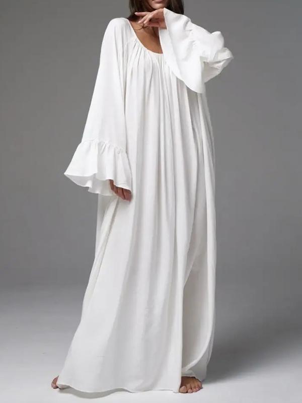 Flared Sleeves Loose Pleated Solid Color Split-Joint Round-Neck Maxi Dresses Product Image