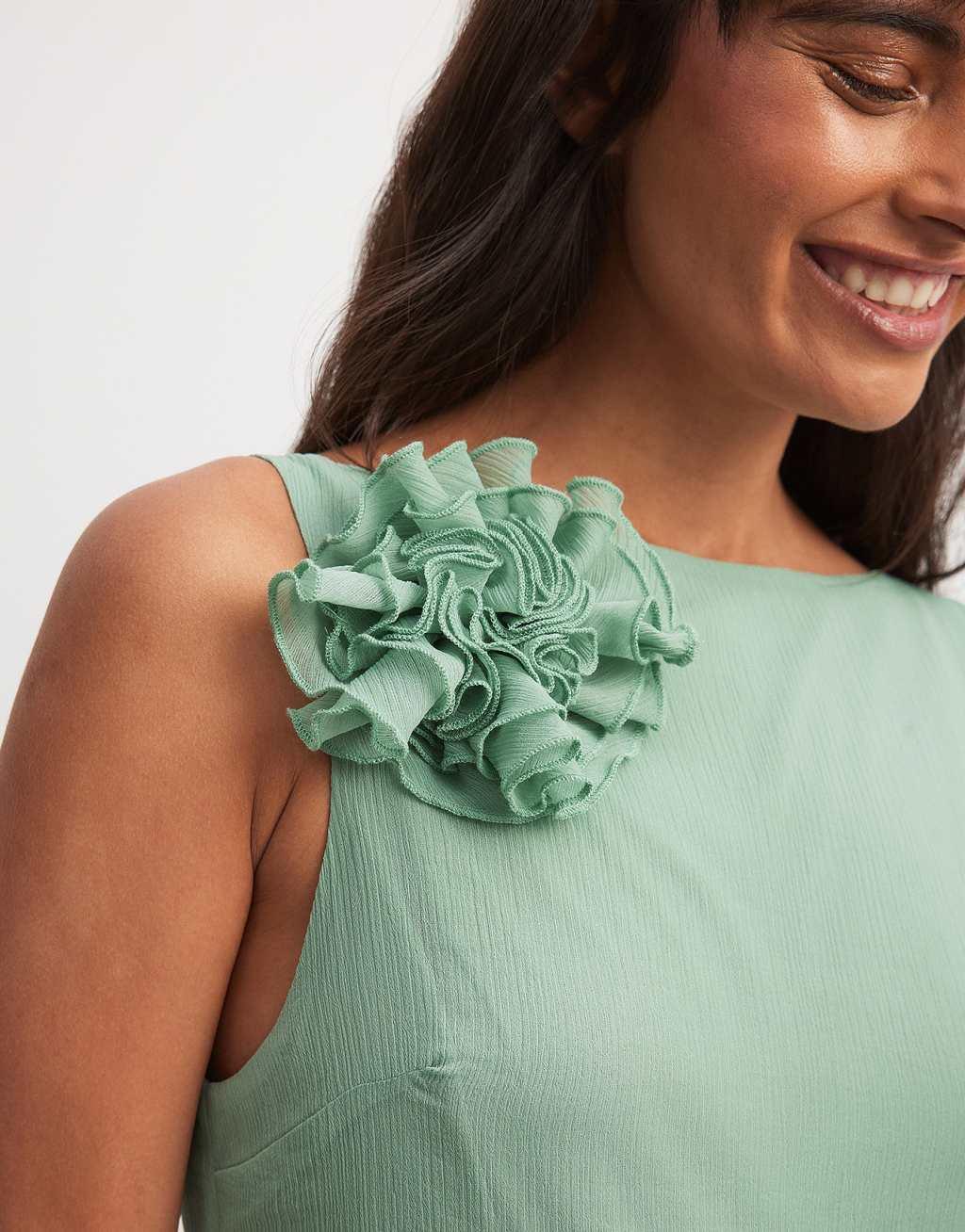 NA-KD chiffon ruffle detail midi dress in green Product Image