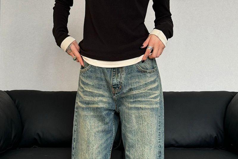 High Waist Washed Loose-Fit Wide-Leg Jeans Product Image