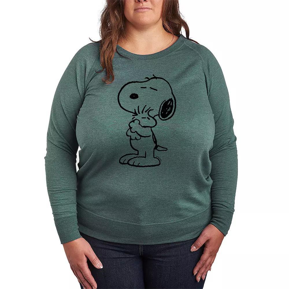 Womens Peanuts Snoopy Loves Woodstock Lightweight French Terry Sweatshirt, Girls Grey Green Product Image