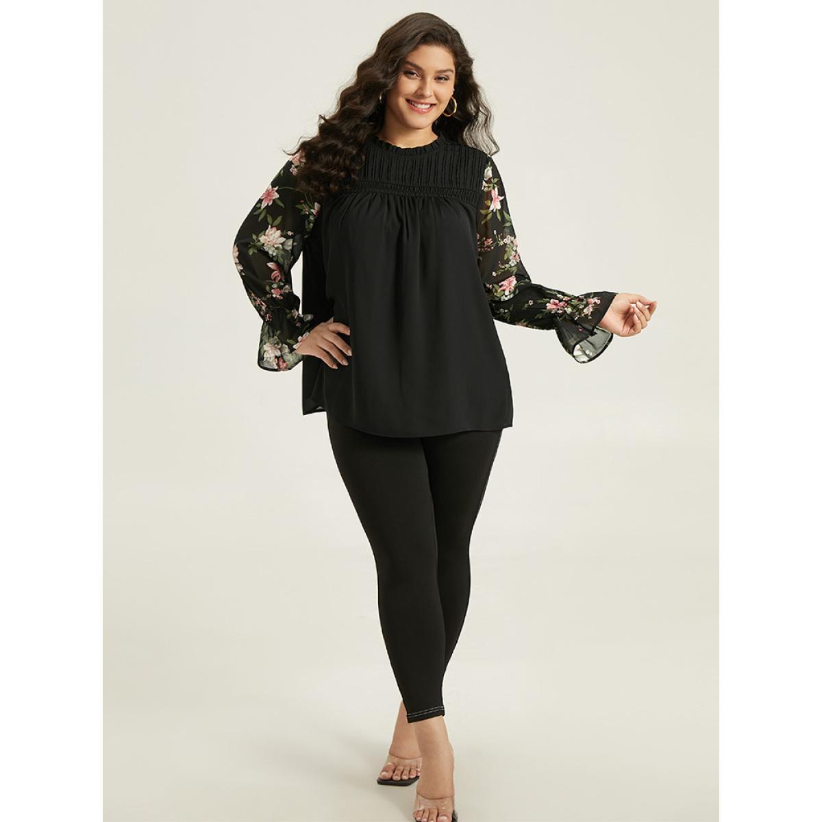 Plus Size Black Twill Floral Patchwork Shirred Mesh Frill Trim Blouse Women Elegant Long Sleeve Stand-up collar Dailywear Blouses BloomChic 26/4X Product Image
