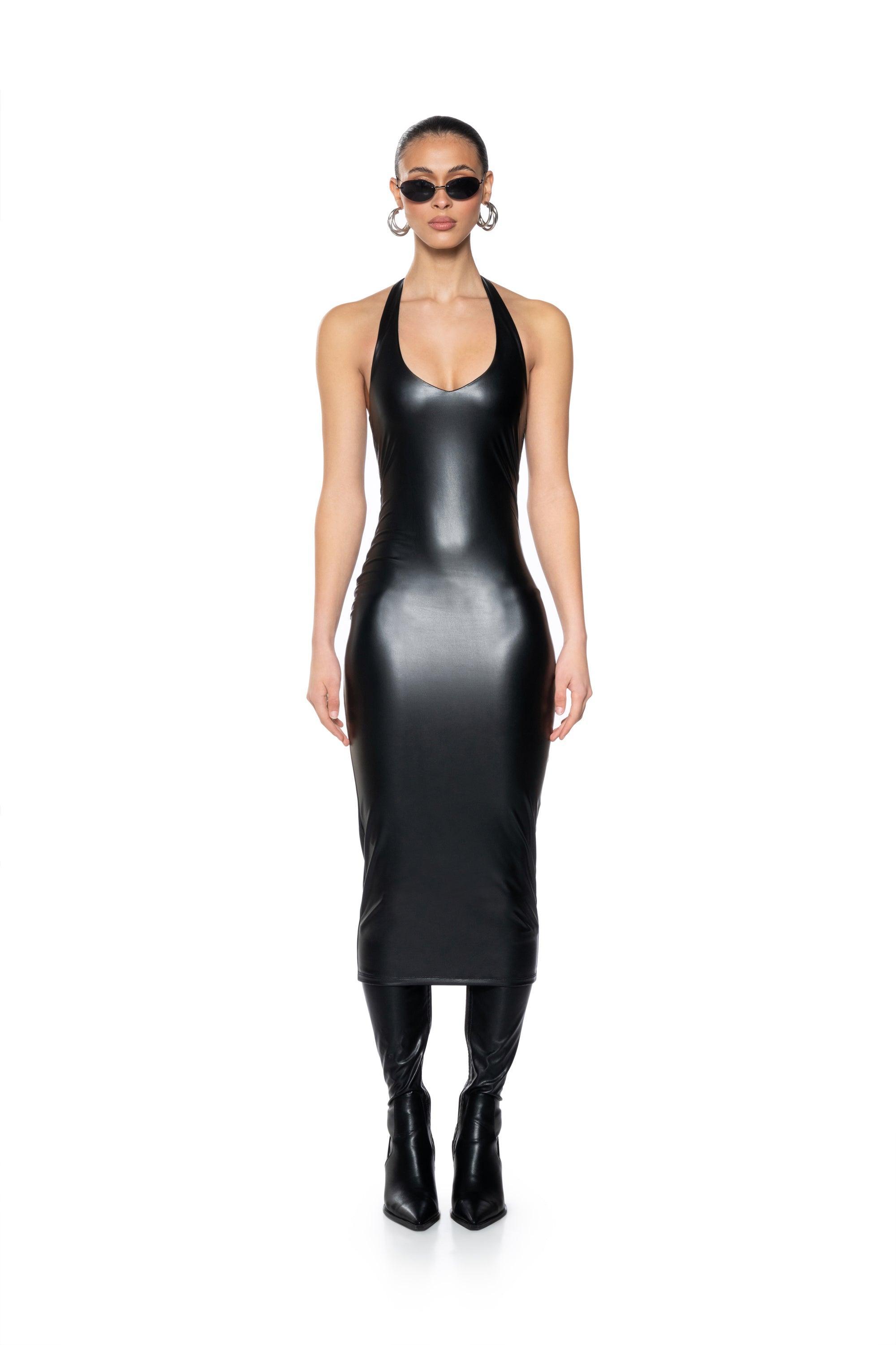 PAXTON DISCO HALTER NECK MIDI DRESS IN BLACK Product Image