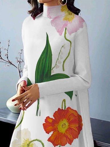 Long Sleeves Loose Flower Print High Neck Midi Dresses Product Image