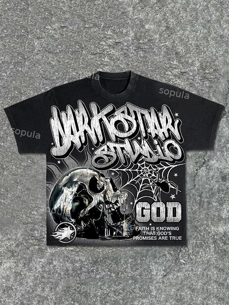 Sopula Darkstar-God's Skull Print Pattern Acid Washed T-Shirt Product Image