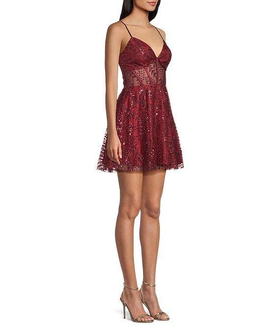 Blondie Nites Glitter Illusion Lace Corset Lace-Up Back Fit-And-Flare Dress Product Image