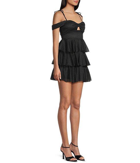 Honey and Rosie Sweetheart Off Shoulder Mesh Drape Ruffle Skirt Dress Product Image