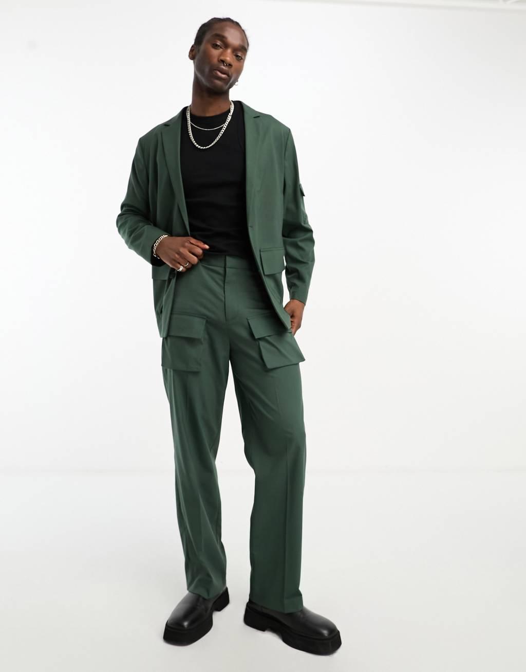 ASOS DESIGN oversized cargo pocket suit jacket in green Product Image