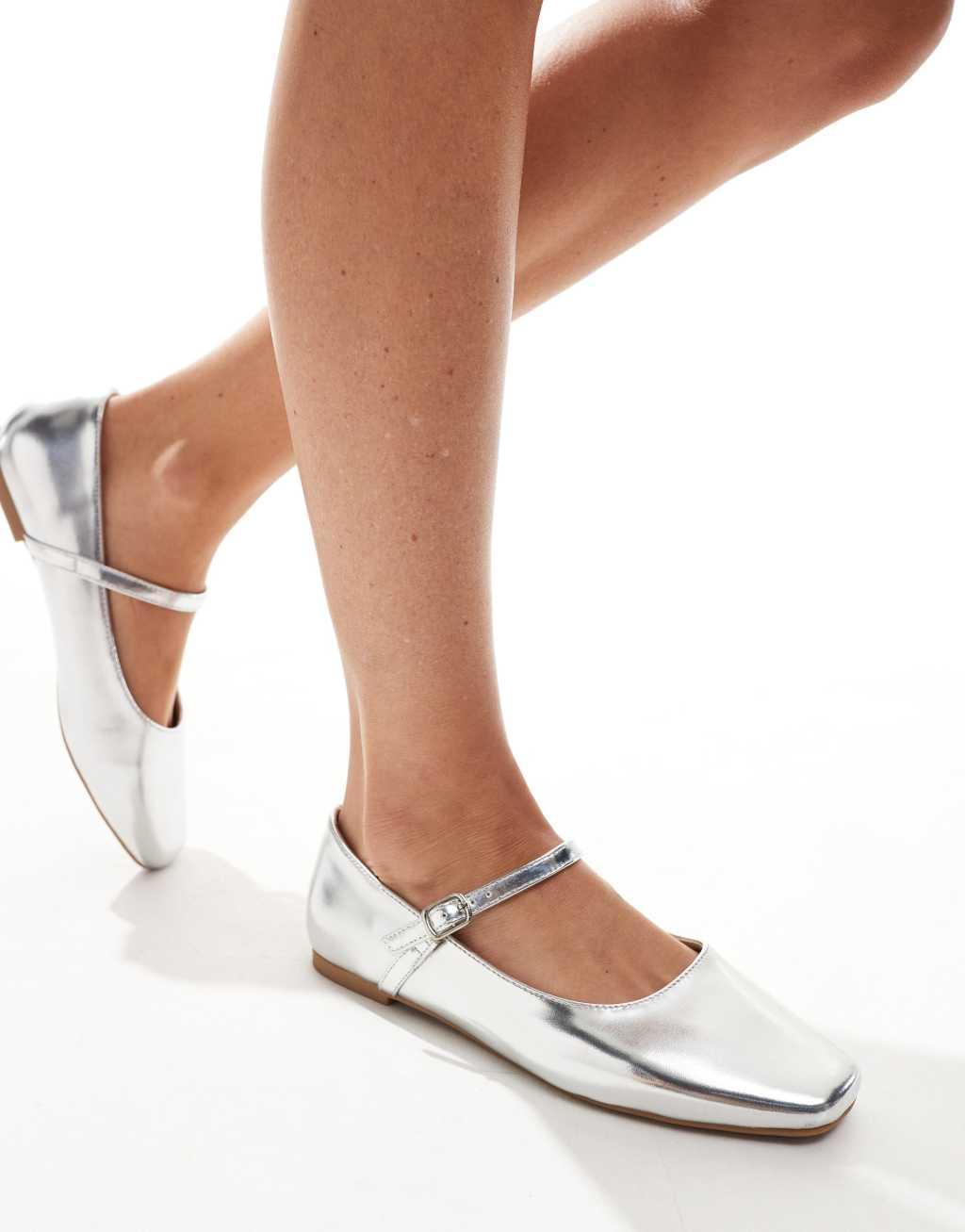 SEQWL Wide Fit buckle strap ballet flats in silver Product Image