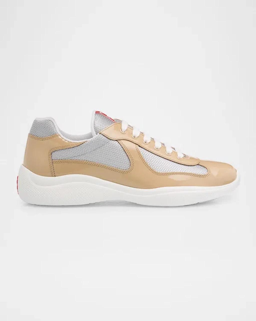 PRADA Men's America's Cup Patent Leather Patchwork Sneakers In Sand Silver Product Image