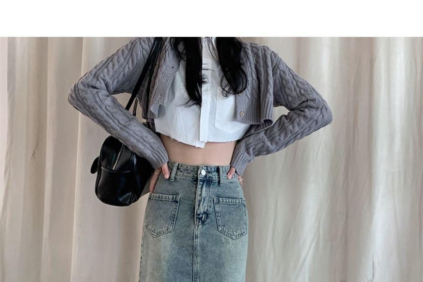 High Waist Washed Denim Midi Mermaid Skirt Product Image