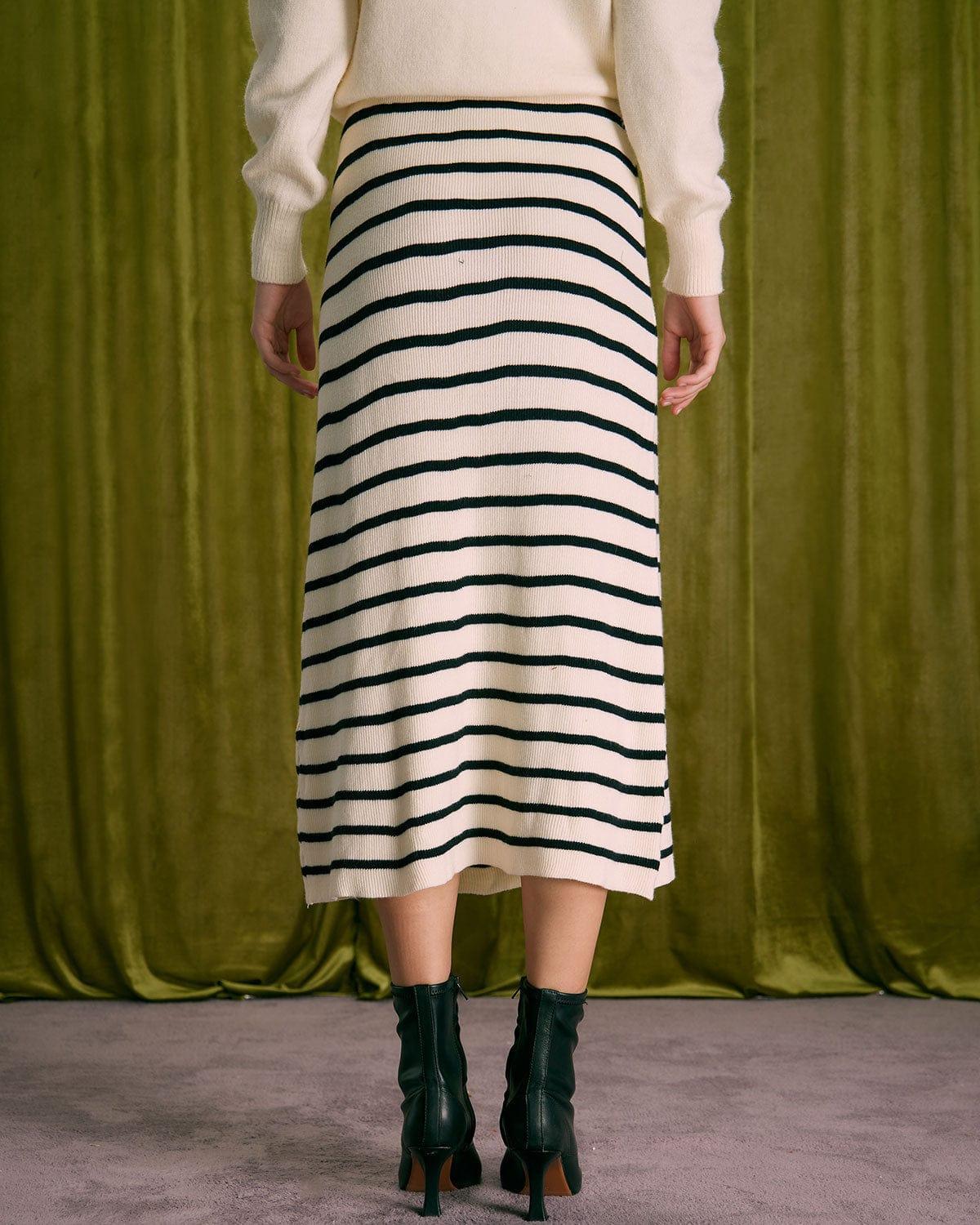 The Beige Elastic Waist Striped Knit Midi Skirt Product Image