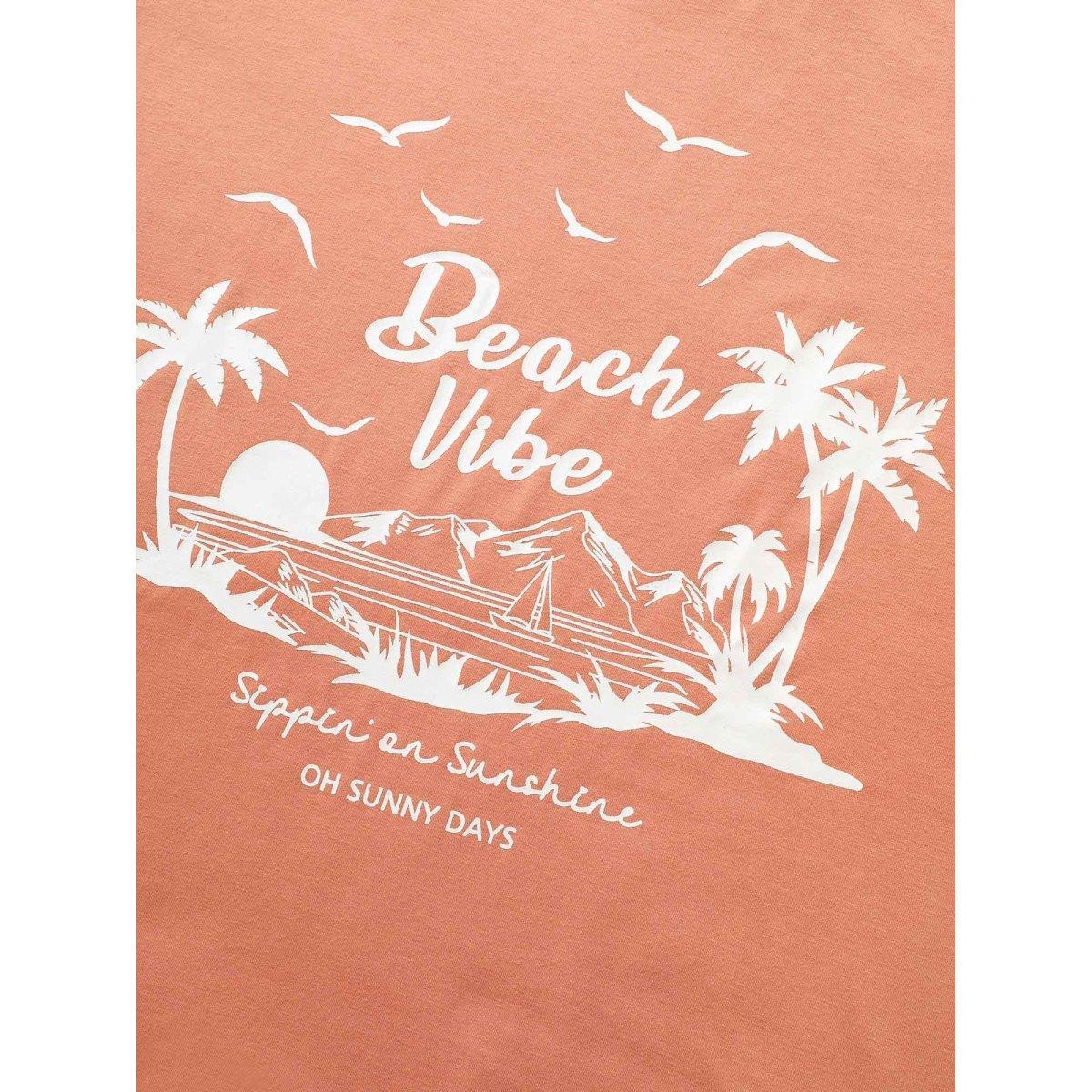 Plus Size Tropical Coconut Tree Print Round Neck T-shirt Salmon Women Resort Contrast Art&design Round Neck Vacation T-shirts BloomChic 18-20/2X Product Image
