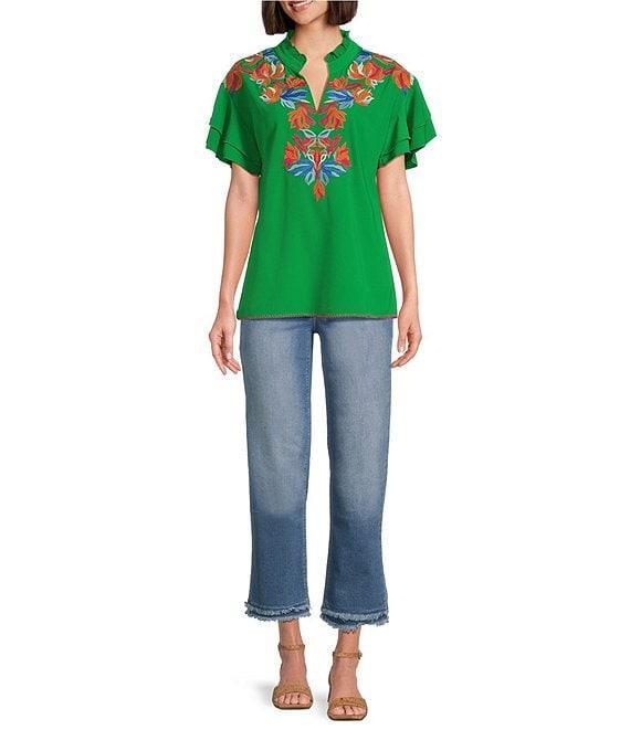Calessa Petite Size Embroidered Ruffle Double Layer Short Sleeve Top Product Image