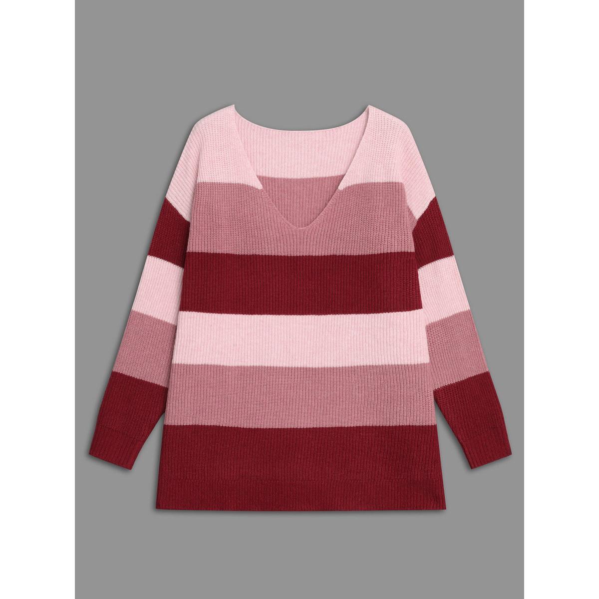 Plus Size Supersoft Essentials Color Block Drop Shoulder Pullover RedViolet Women Casual Loose Long Sleeve V-neck Everyday Pullovers BloomChic 18-20/2X Product Image