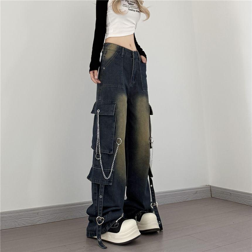 Low Rise Washed Chained Wide Leg Cargo Jeans Product Image