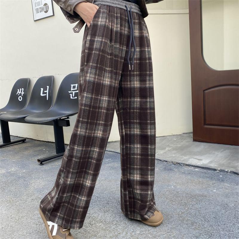 Drawstring Waist Plaid Wide Leg Pants Product Image