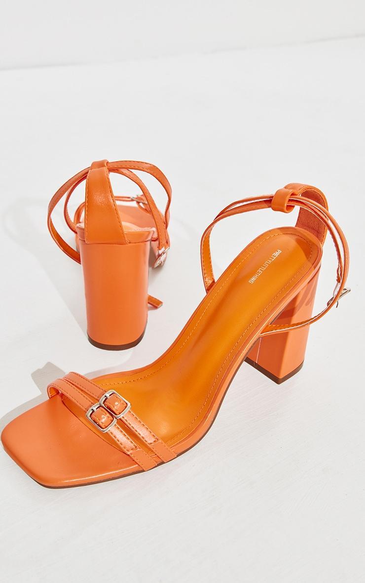 Orange PU Square Toe Buckle Detail Block Heeled Sandals Product Image