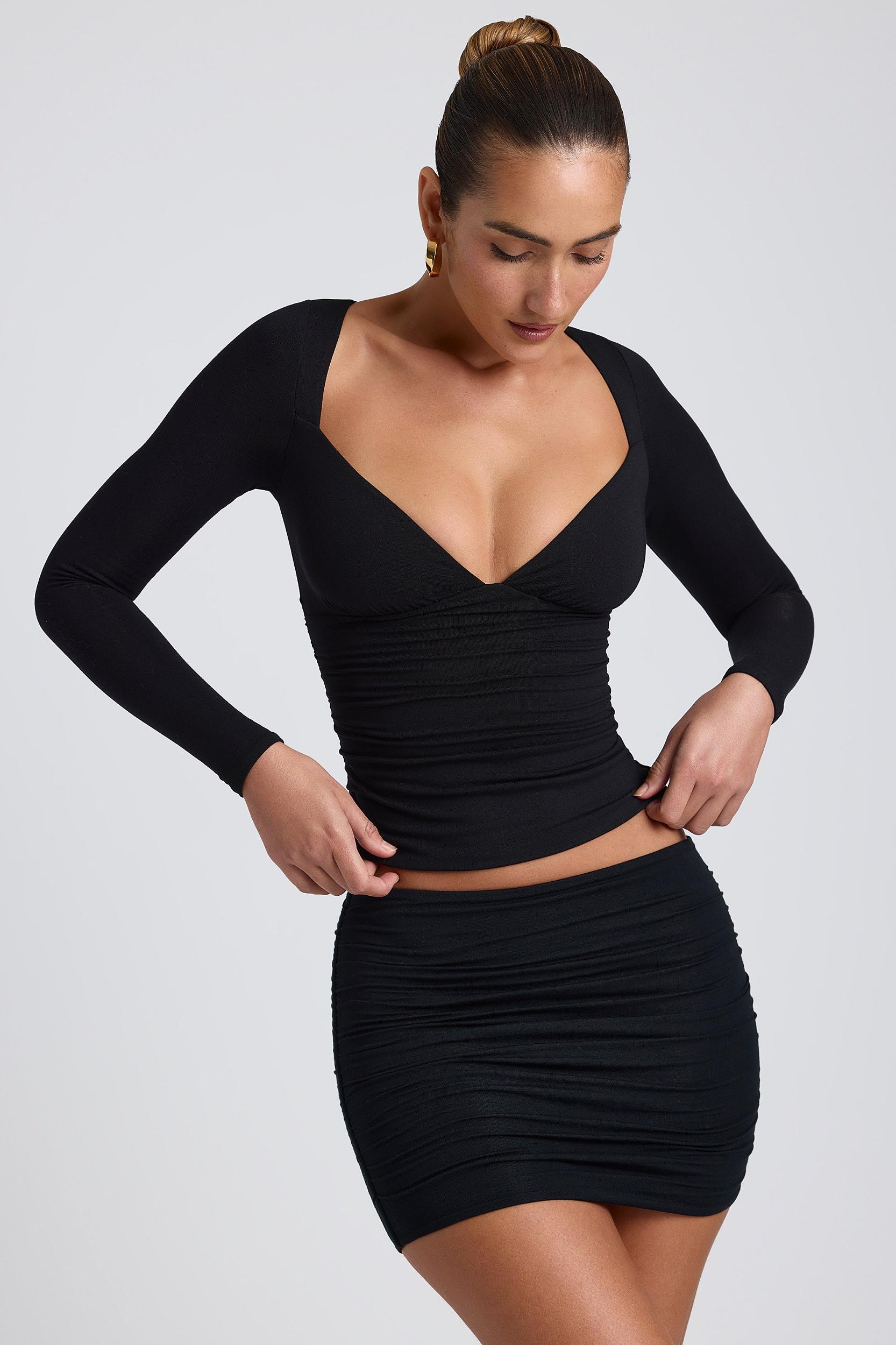 Modal Ruched Long-Sleeve Top in Black Product Image