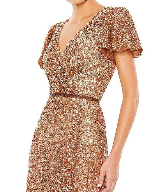 Mac Duggal Sequin V-Neck Short Flutter Sleeve Front Slit Gown Product Image