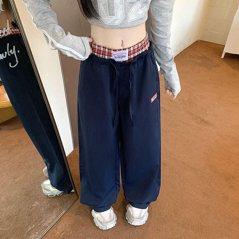 High Rise Plaid Panel Wide Leg Sweatpants Product Image