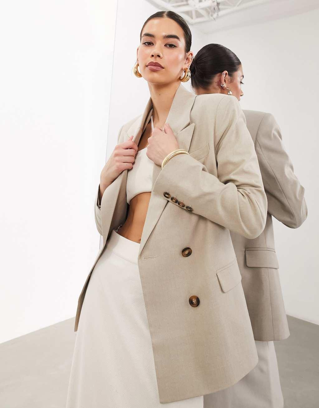 ASOS EDITION double breasted herringbone boxy blazer jacket in taupe Product Image