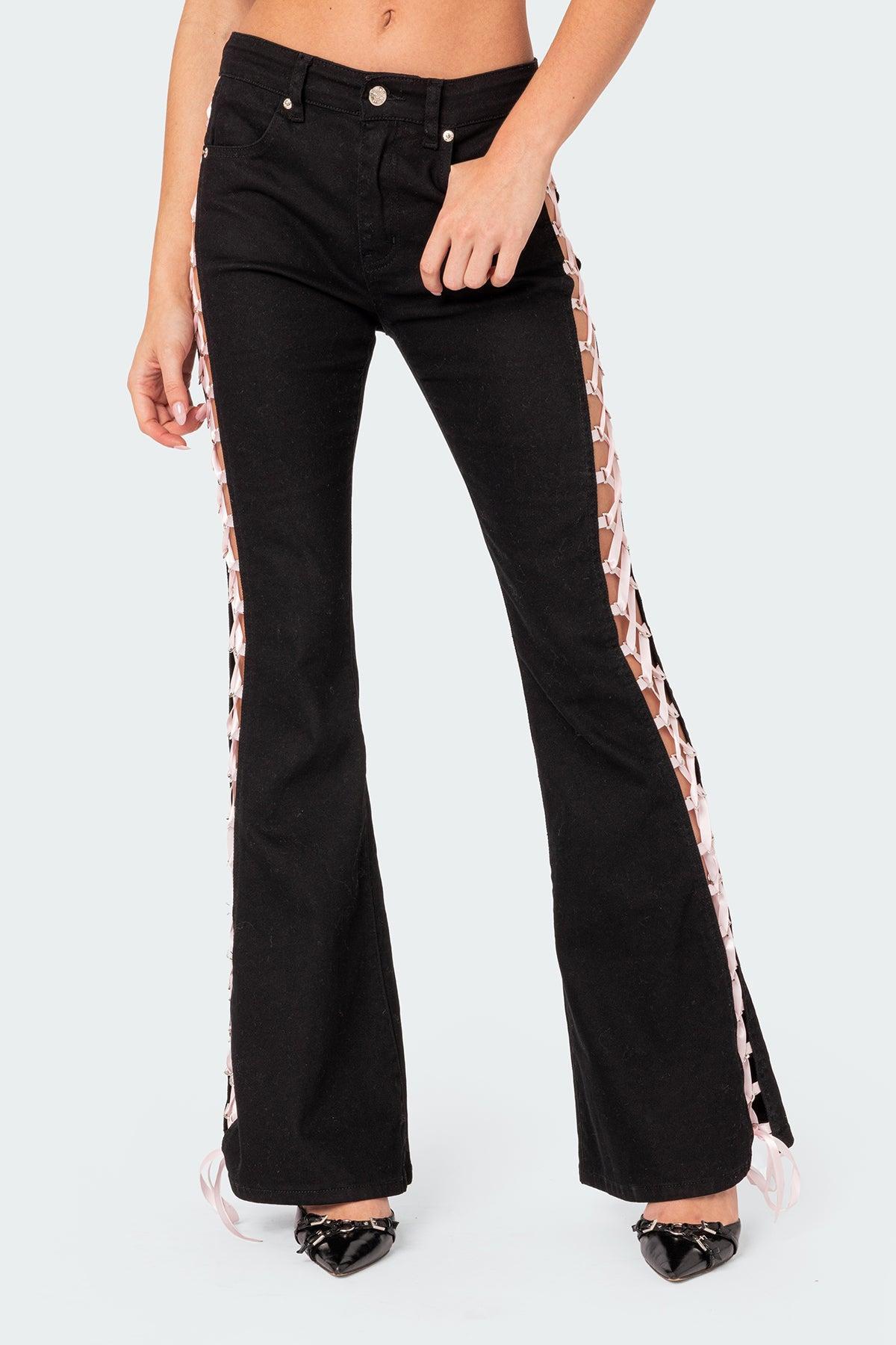 Satin Effect Lace Up Flared Jeans Product Image