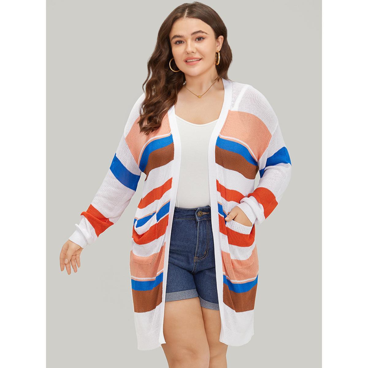 Plus Size Colorblock Contrast Pocket Tunic Open Front Cardigan Multicolor Women Casual Loose Long Sleeve Dailywear Cardigans BloomChic 18-20/2X Product Image