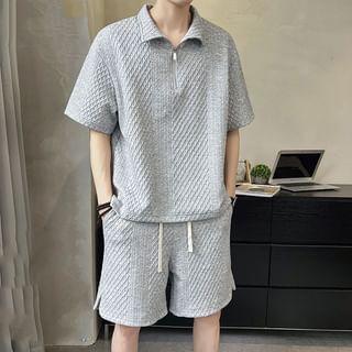 Set: Elbow-Sleeve Plain Textured Half-Zip Polo Shirt + Drawstring Waist Wide Leg Sweat Shorts Product Image