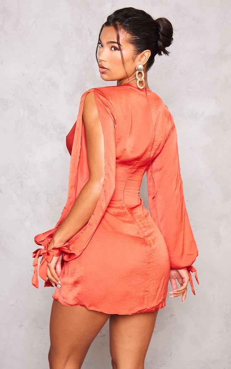 Rust Satin Twist Front Open Sleeve Wrap Dress Product Image