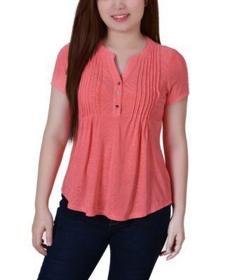 Ny Collection Petite Short Sleeve Y Neck Jacquard Knit Top Product Image