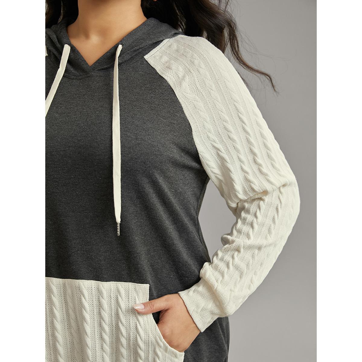 Plus Size Contrast Cable Knit Pocket Hooded Drawstring Sweatshirt Women Gray Casual Texture Hooded Everyday Sweatshirts BloomChic 28/5X Product Image