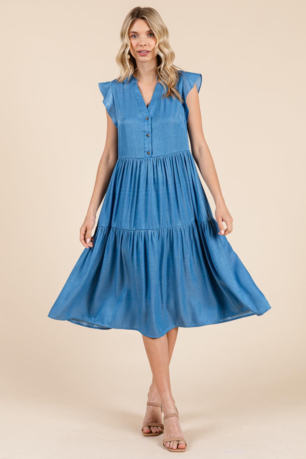 Tiered Flutter Sleeve Chambray Midi Dress Product Image