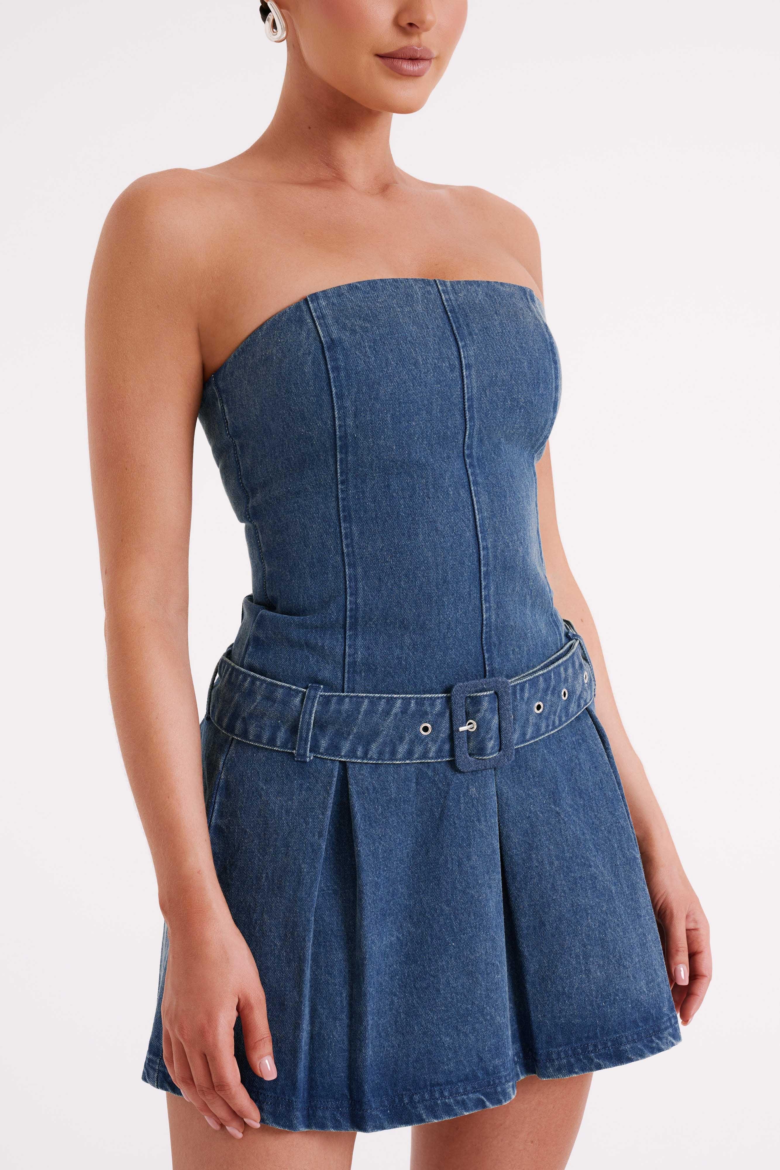 Lee Denim Pleated Mini Dress - Dark Blue Product Image