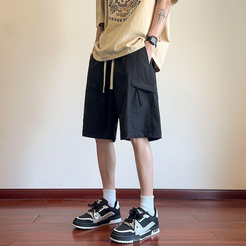 Drawstring Waist Plain Cargo Shorts Product Image