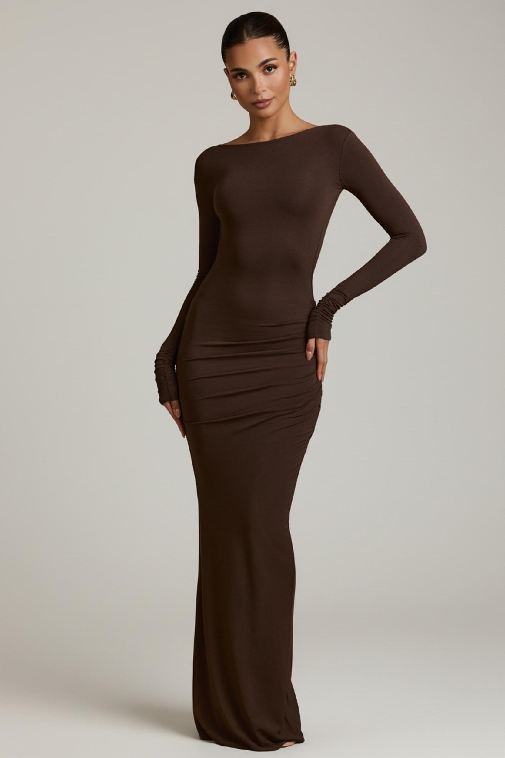 Modal Ruched Backless Maxi Dress in Chocolate Brown Product Image