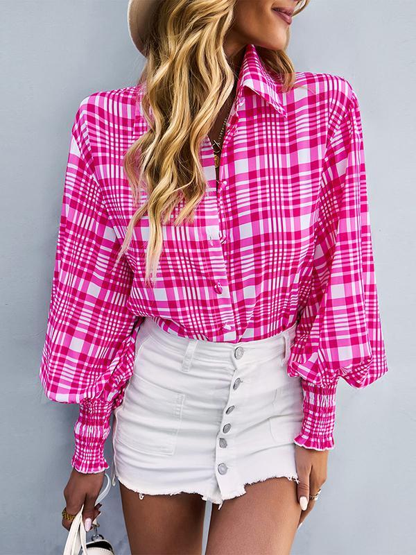 Long Sleeves Loose Buttoned Contrast Color Elasticity Plaid Lapel Blouses&Shirts Tops Product Image
