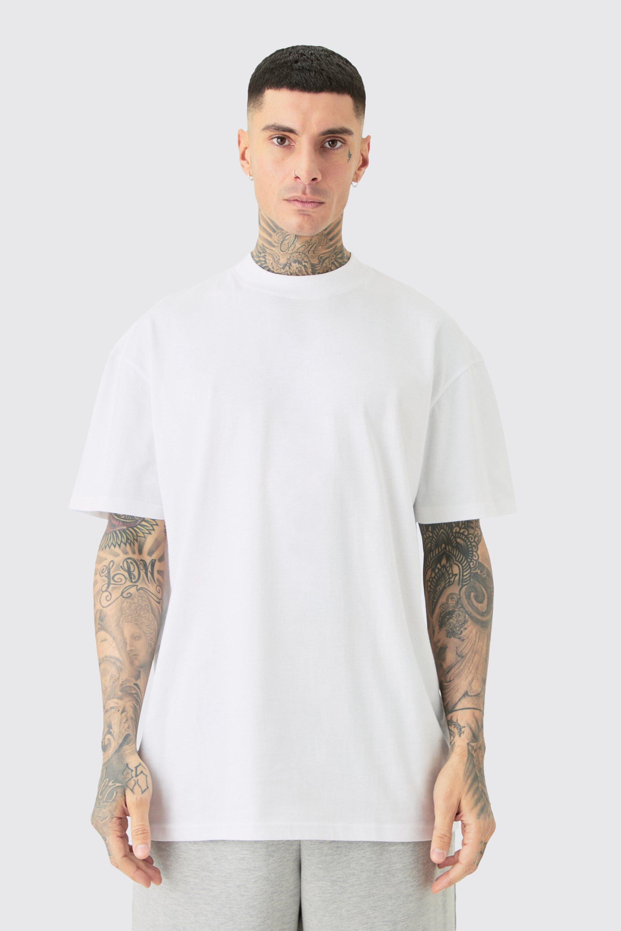 Mens White Tall Oversized Extended Neck T-shirt, White Product Image