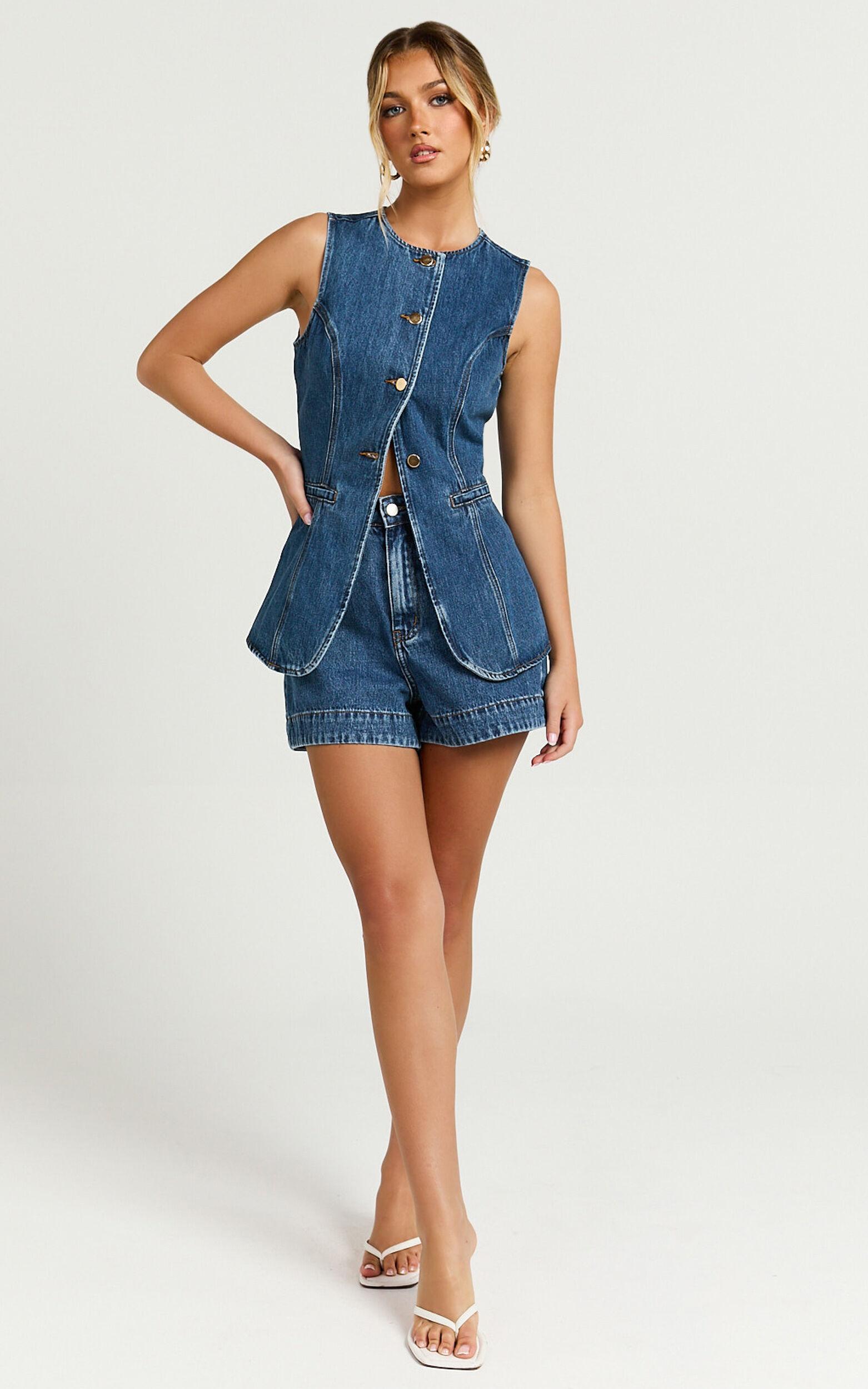Rhianna Top - Button Down Longline Recycled Denim Vest Top in Dark Blue Wash Product Image