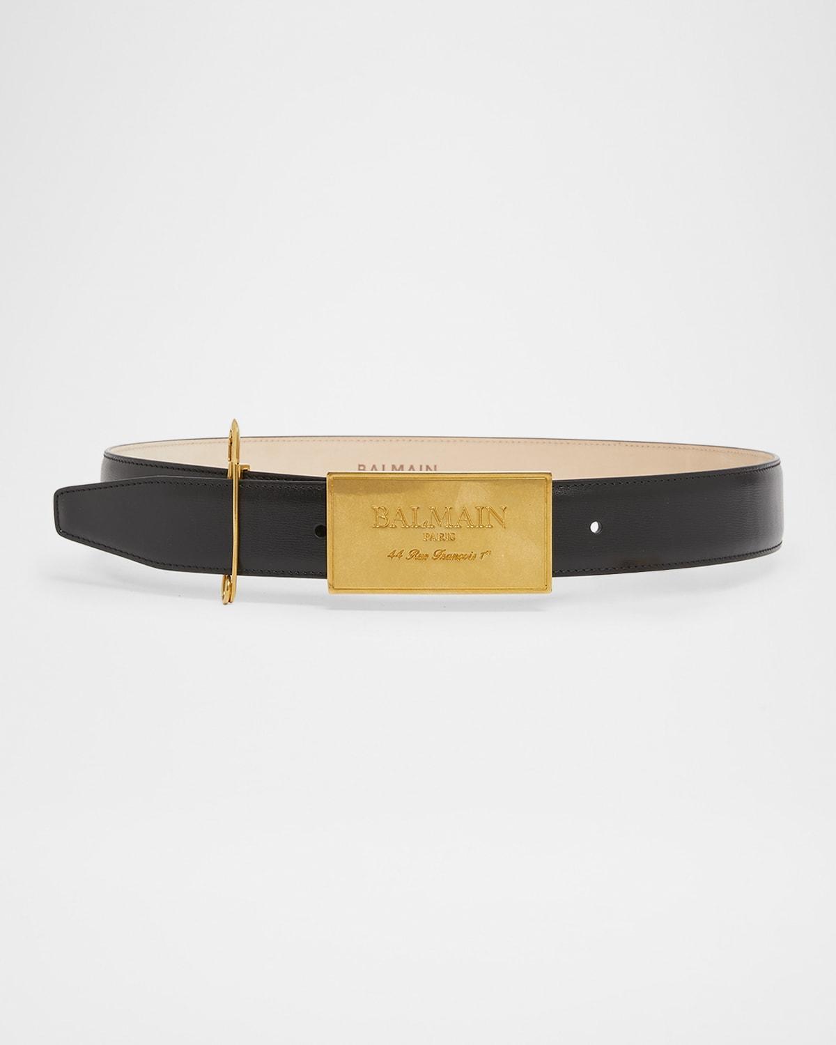 BALMAIN Calfskin Leather Belt W/ Safety Pin In 0en Noir Vintage Brass Product Image