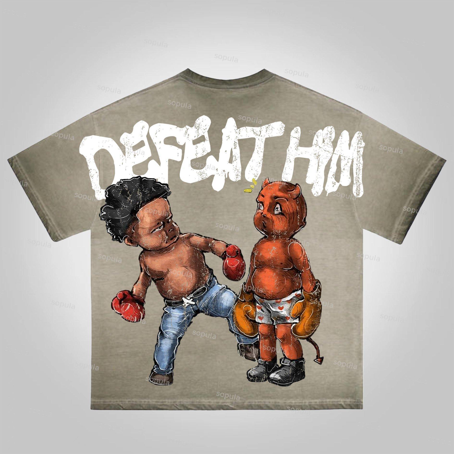 Sopula Vintage Boxer Defeat Him Graphic Print Washed Cotton T-Shirt Product Image