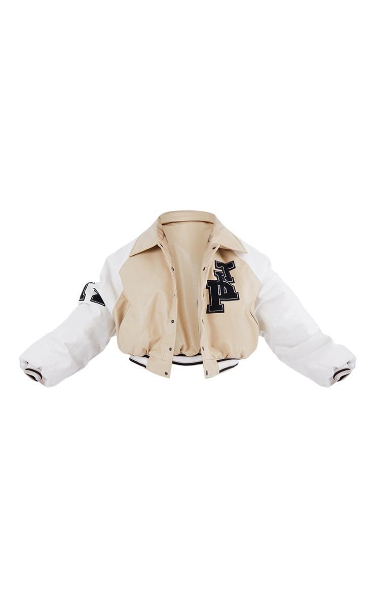 Beige Faux Leather Raglan Sleeve Cropped Varsity Bomber Jacket Product Image