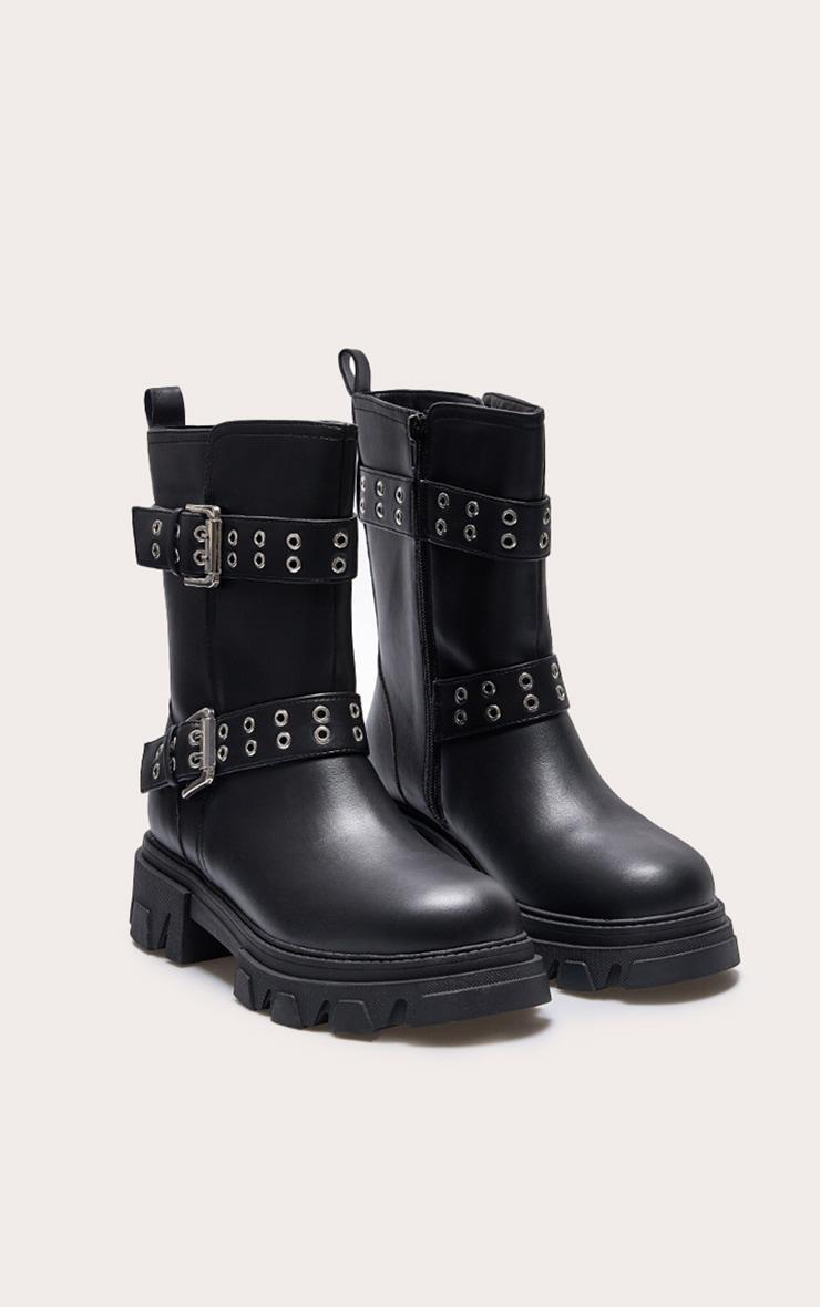 Black Wide Fit PU Chunky Sole Buckle Ankle Boots Product Image