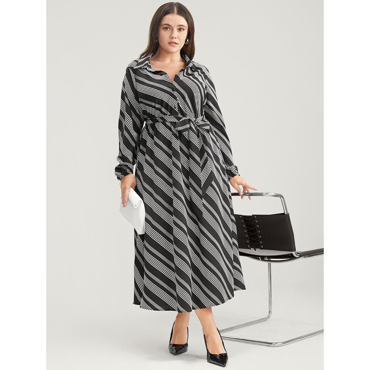 Plus Size Striped Lantern Sleeve Pocket Belted Lapel Collar Dress Black Women Office Belted Lapel Collar Long Sleeve Curvy Midi Dress BloomChic 10/M Product Image