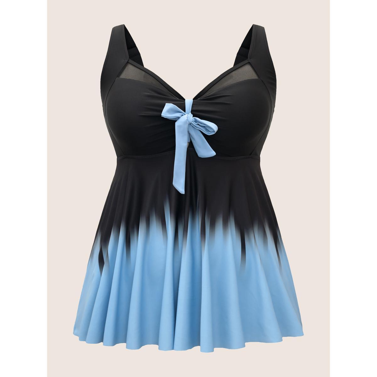 Plus Size Ombre Bowknot Ruched Mesh Patchwork Swim Top Women's Swimwear Black Beach Tie knot High stretch Bodycon Heart neckline Curve Swim Tops BloomChic 12/L Product Image