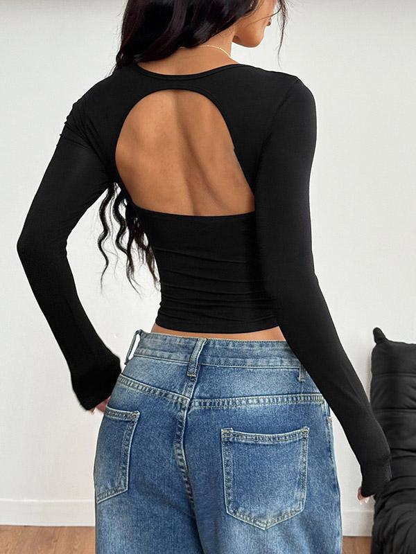 Long Sleeves Skinny Backless Pleated Solid Color Square-Neck T-Shirts Tops Product Image