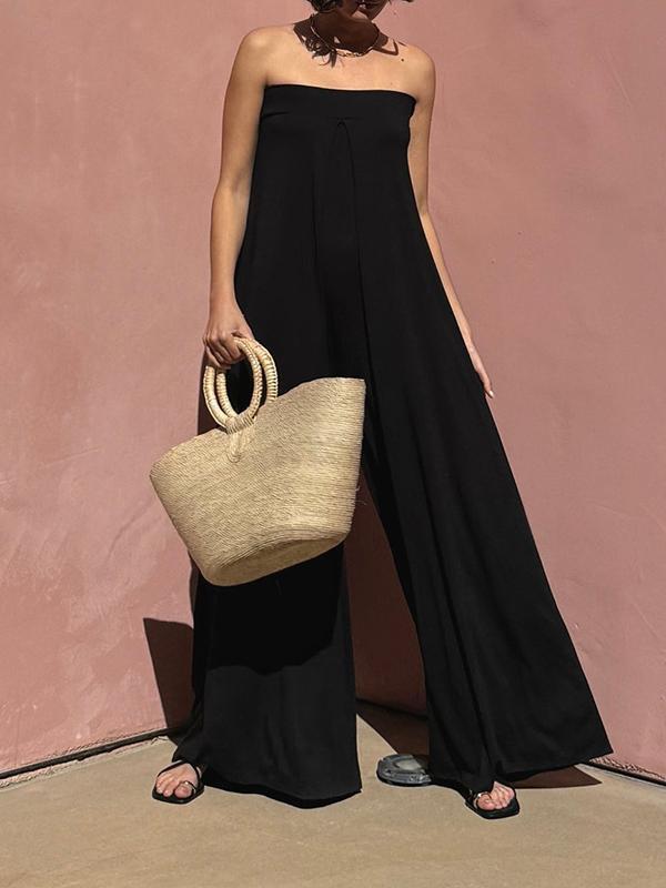 Sleeveless Wide Leg Elasticity Hollow Pleated Solid Color Tube Jumpsuits Product Image