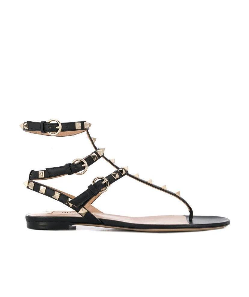 VALENTINO GARAVANI Rockstud Flat Calfskin Sandal With Straps Woman Black 41 Product Image